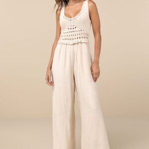 Lulus Breezy Demeanor Beige Crochet Sleeveless Wide-leg Jumpsuit - Size S